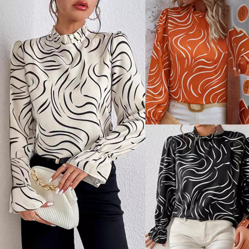 Women's Water Ripple Printed Long-sleeved Top Shirt