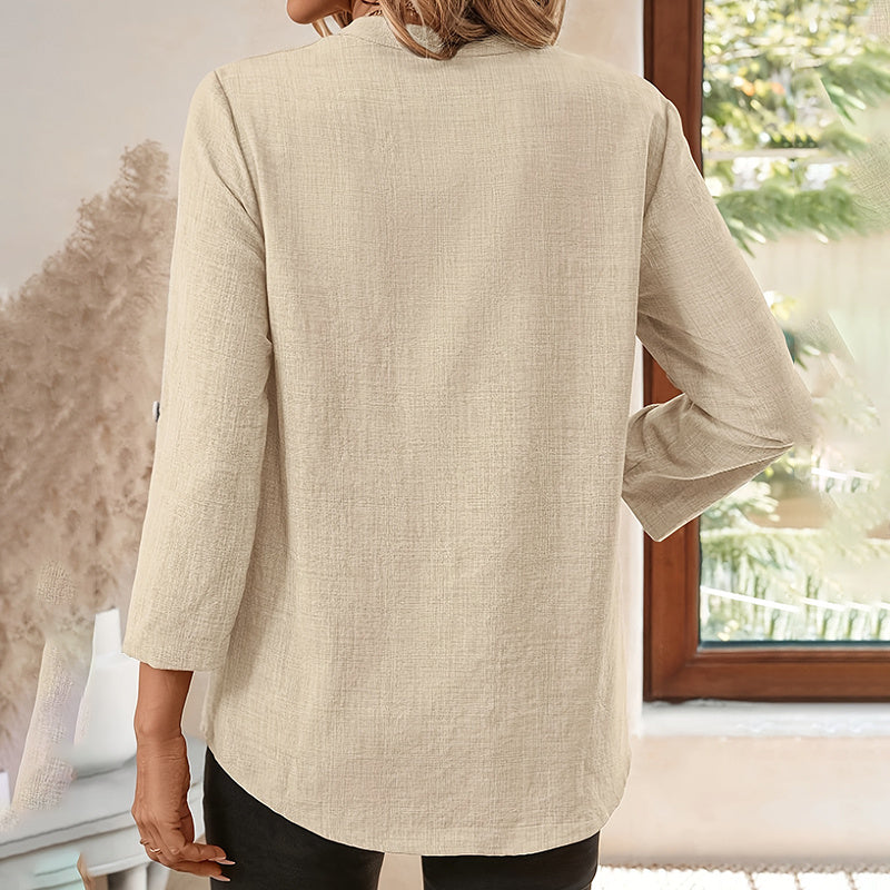 Womens Casual Summer Shirts Notch V Neck Blouses 3 4 Roll Sleeve Tunics Tops