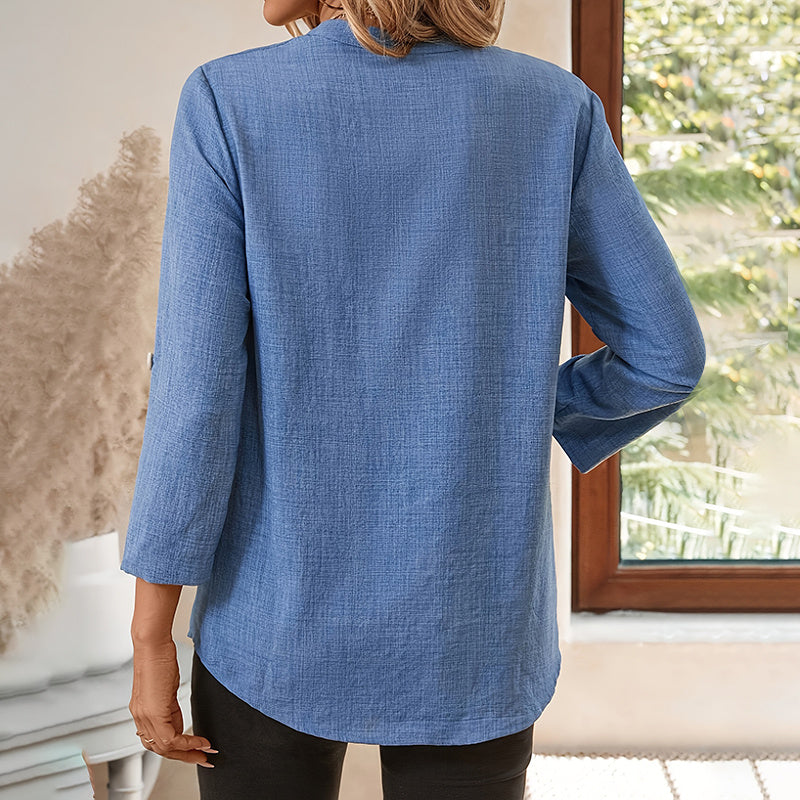 Womens Casual Summer Shirts Notch V Neck Blouses 3 4 Roll Sleeve Tunics Tops