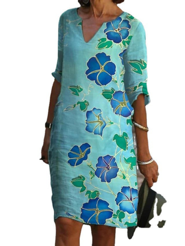 Printed Loose Floral Retro Round Neck Dress
