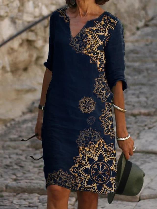 Printed Loose Floral Retro Round Neck Dress