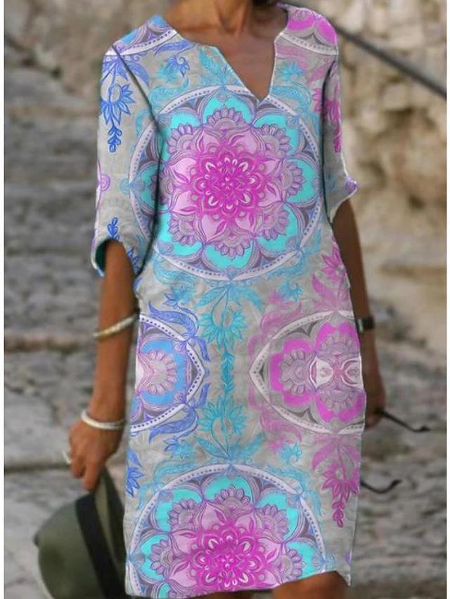 Printed Loose Floral Retro Round Neck Dress