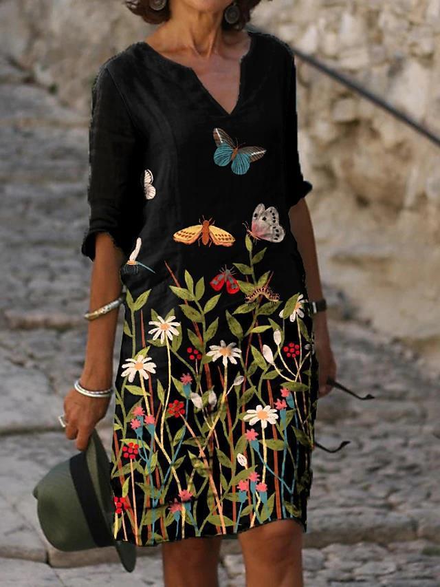 Printed Loose Floral Retro Round Neck Dress
