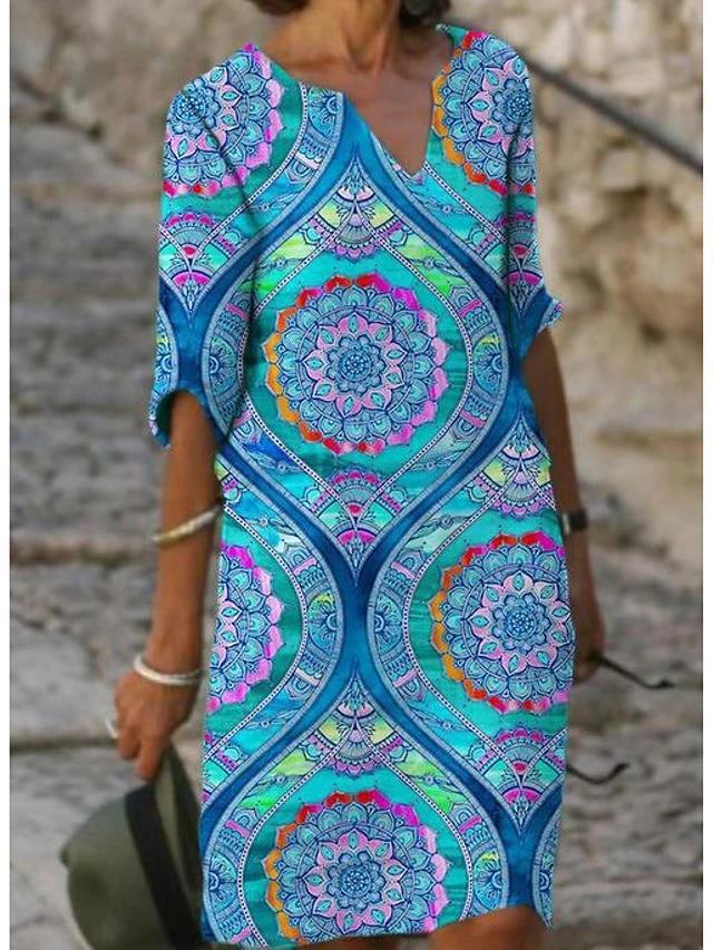 Printed Loose Floral Retro Round Neck Dress