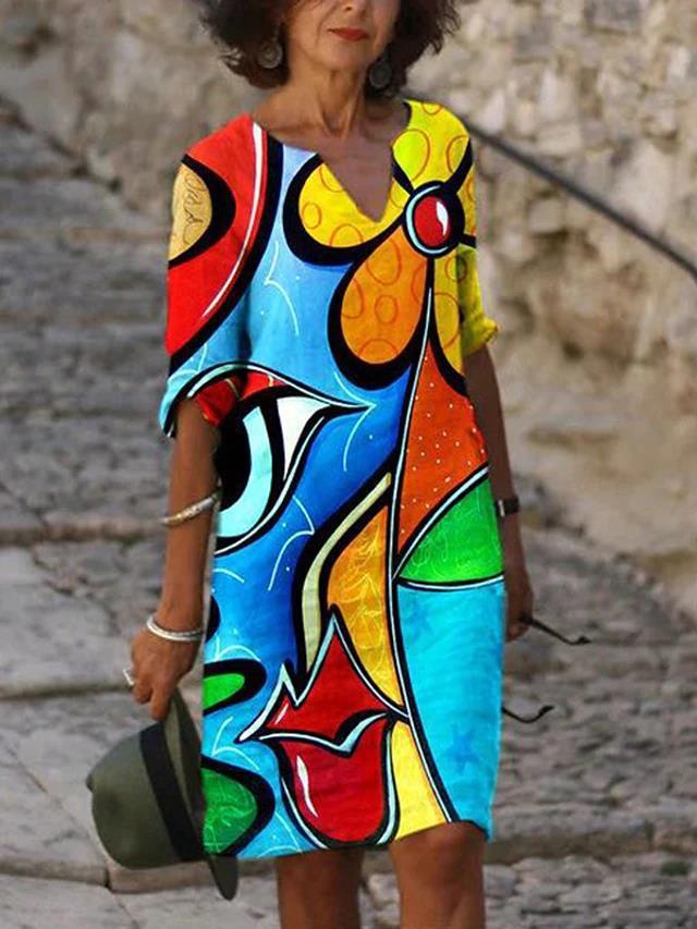 Printed Loose Floral Retro Round Neck Dress