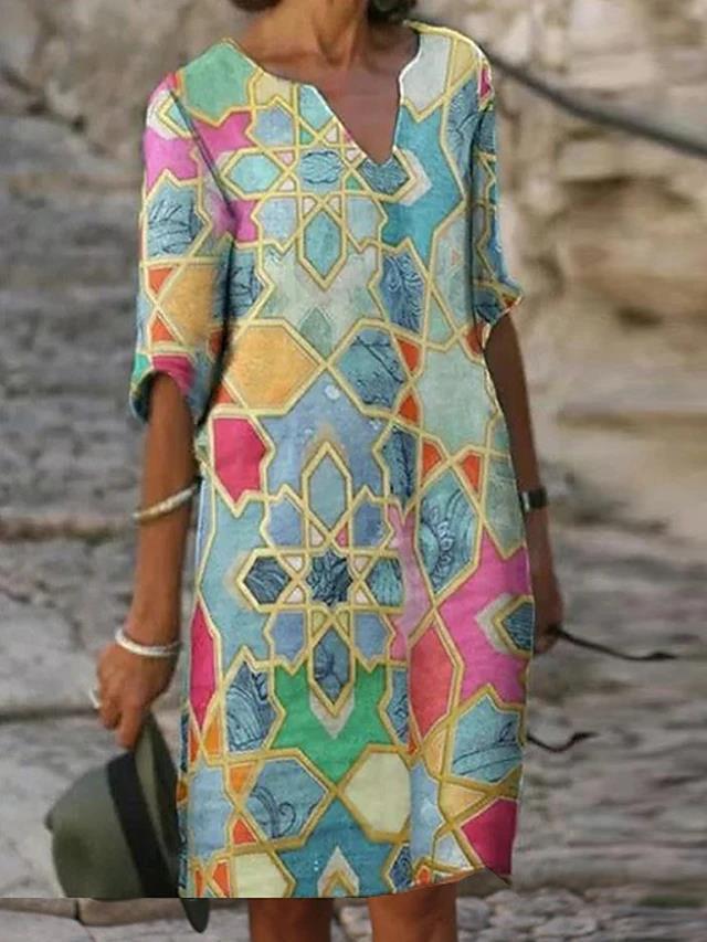 Printed Loose Floral Retro Round Neck Dress