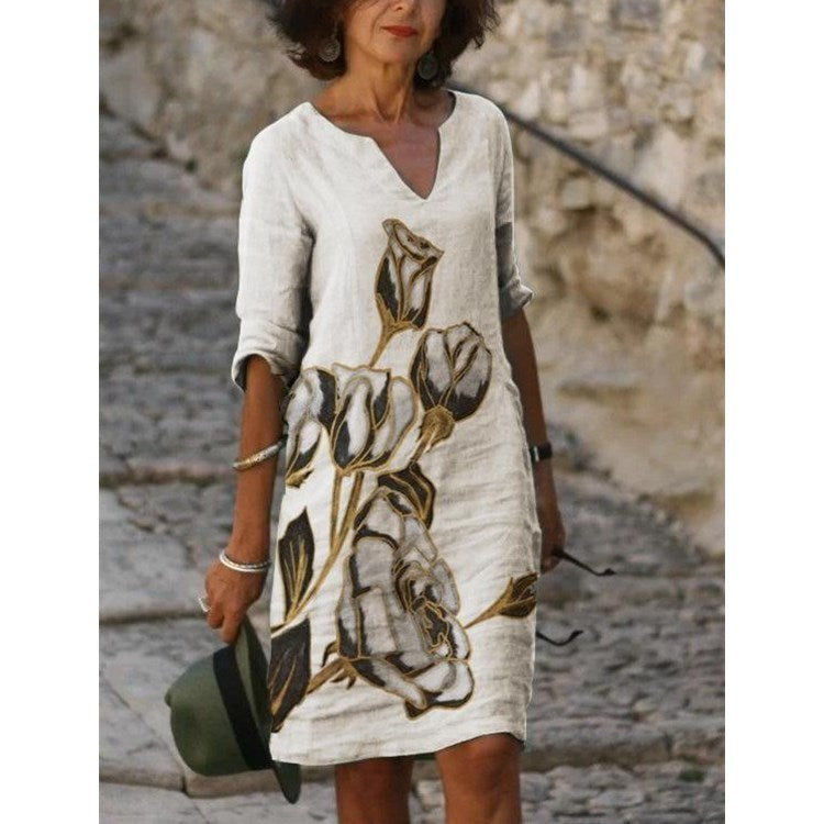 Printed Loose Floral Retro Round Neck Dress