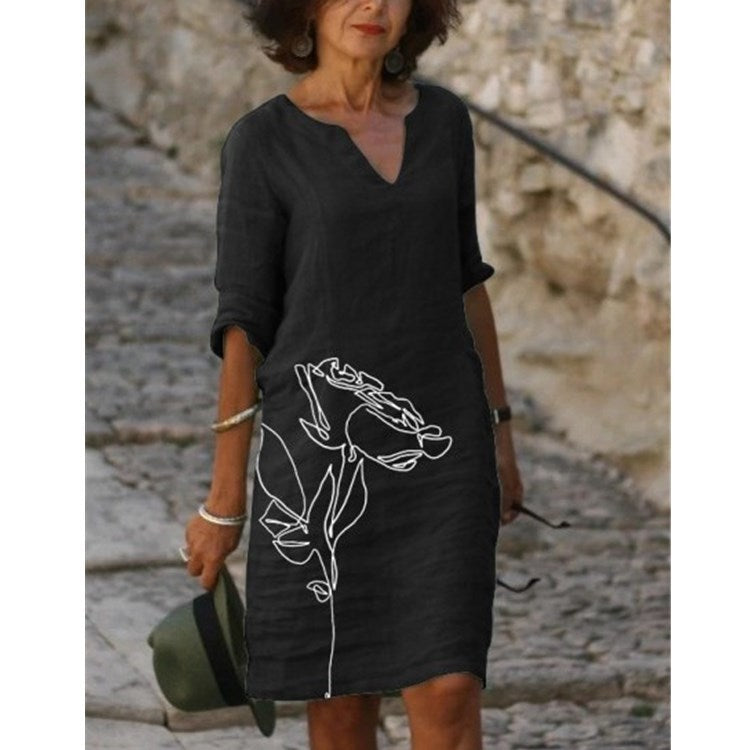 Printed Loose Floral Retro Round Neck Dress