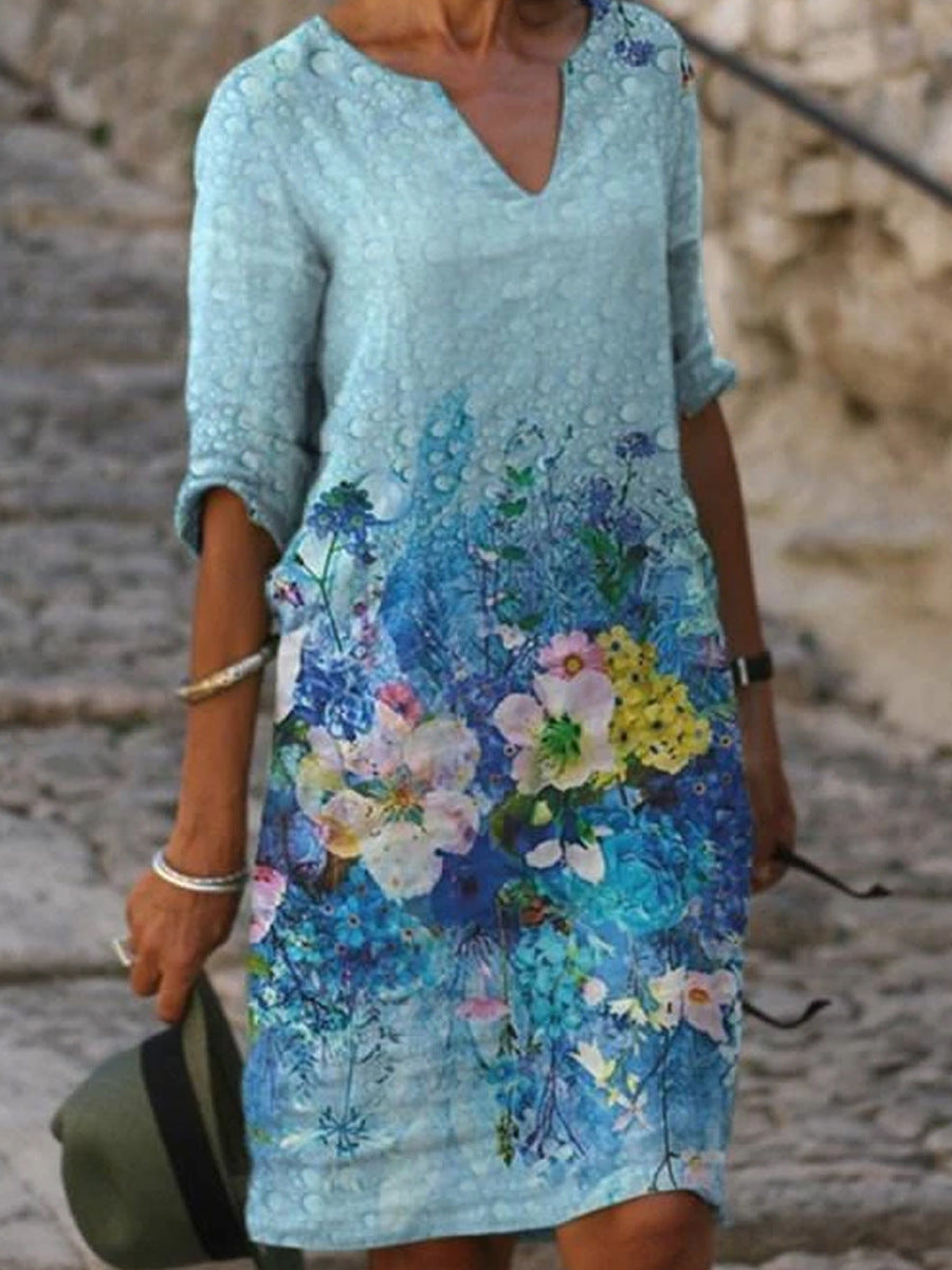 Printed Loose Floral Retro Round Neck Dress