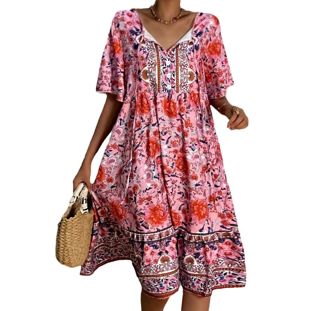 Small Floral V-neck Loose Casual Bohemian Vacation Style Dress