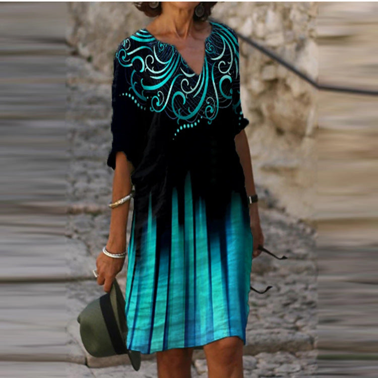 Printed Loose Floral Retro Round Neck Dress