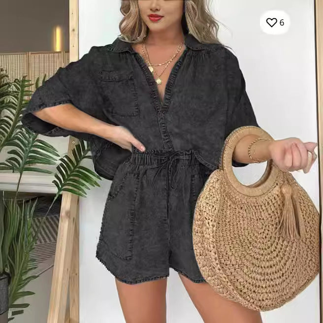 2pcs Loose Denim Suits Summer Casual Bat Sleeve Shirt And Drawstring Shorts With Pockets Women's Set