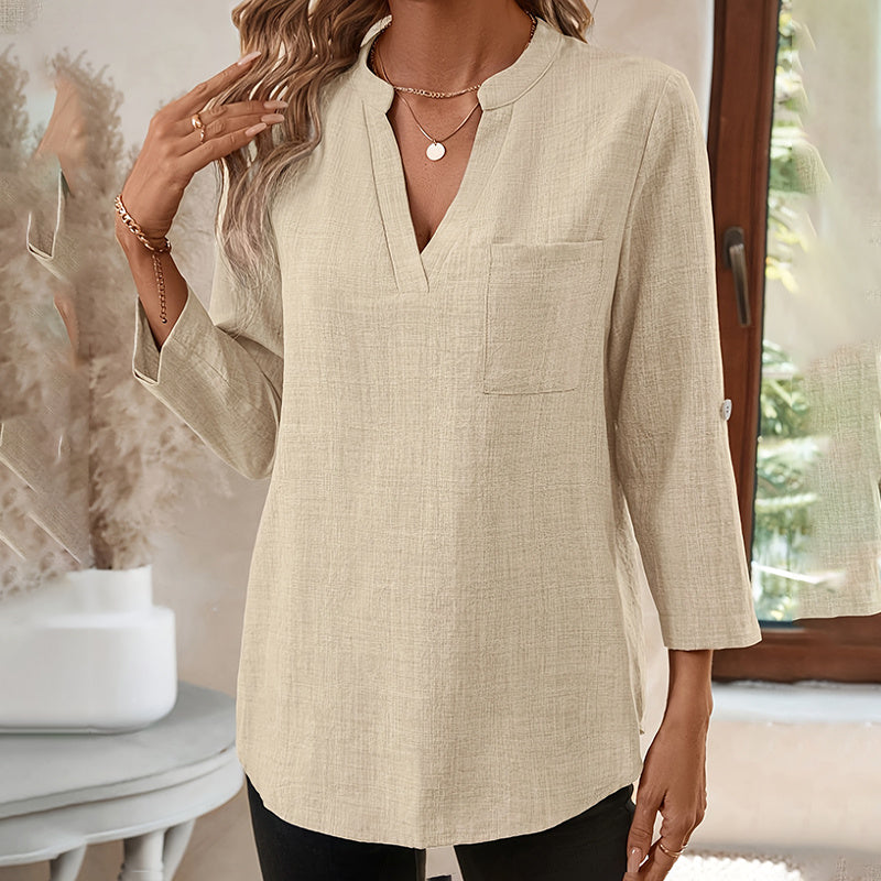 Womens Casual Summer Shirts Notch V Neck Blouses 3 4 Roll Sleeve Tunics Tops