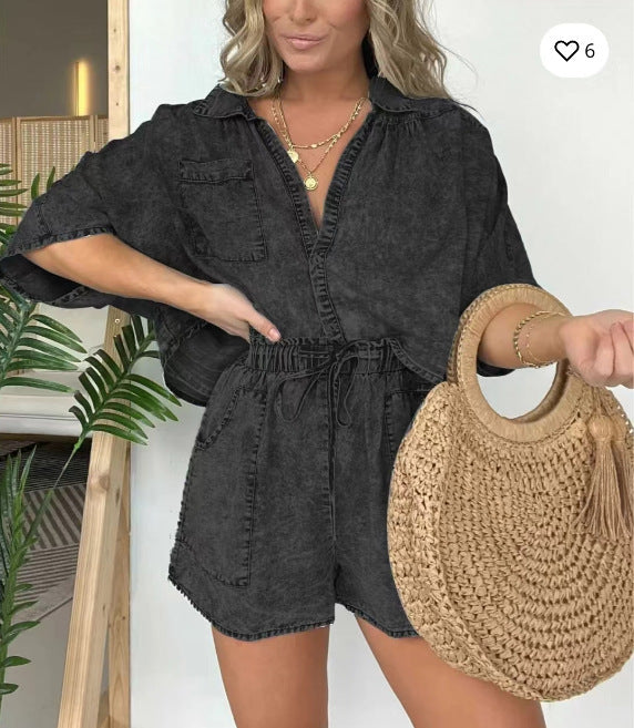 2pcs Loose Denim Suits Summer Casual Bat Sleeve Shirt And Drawstring Shorts With Pockets Women's Set