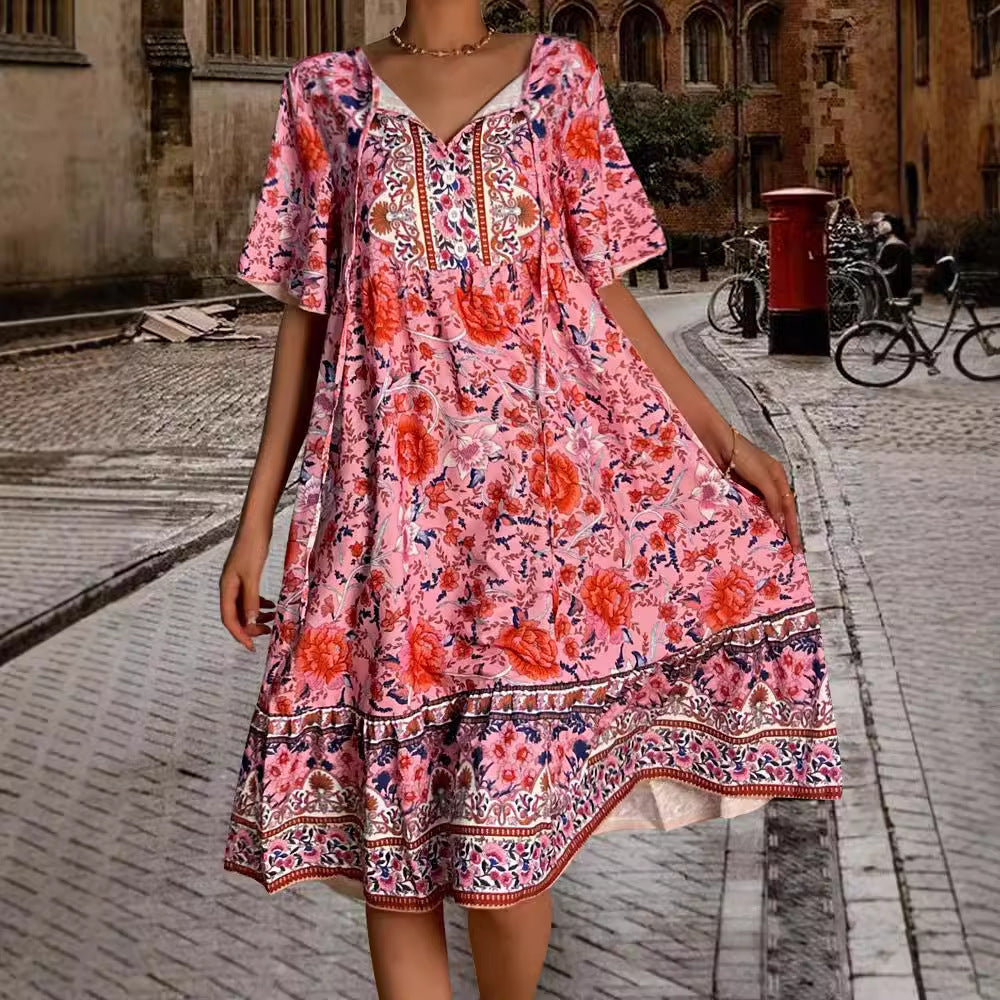 Small Floral V-neck Loose Casual Bohemian Vacation Style Dress