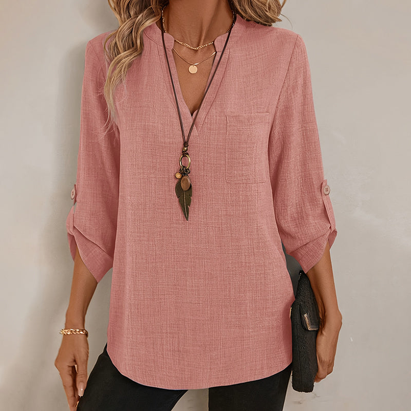 Womens Casual Summer Shirts Notch V Neck Blouses 3 4 Roll Sleeve Tunics Tops