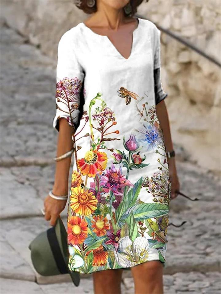 Printed Loose Floral Retro Round Neck Dress