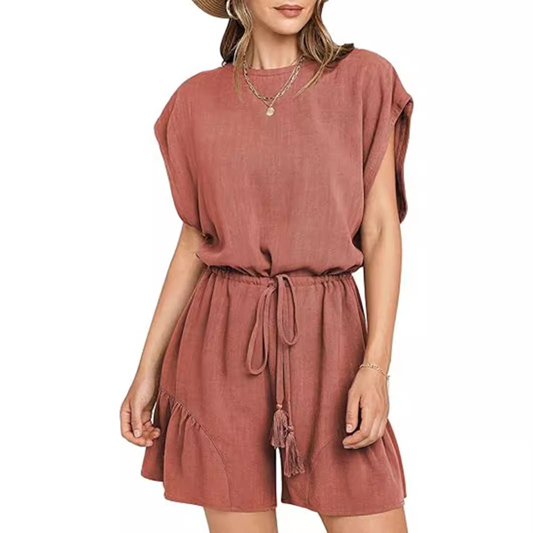 Cotton And Linen Jumpsuit Loose Waist Short Sleeve Women