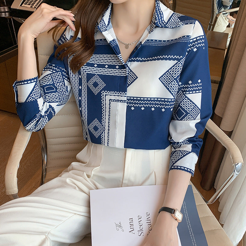 Blue Printed Shirt Women's Long Sleeve