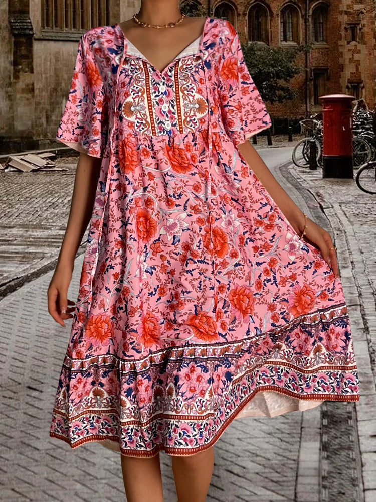 Small Floral V-neck Loose Casual Bohemian Vacation Style Dress