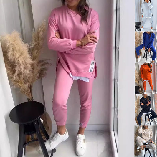 Women's Sports Suit Fashion Slit Design Sweatshirt Top And Slim-fit Trousers Sweatpants Casual Two Piece Set Outfit